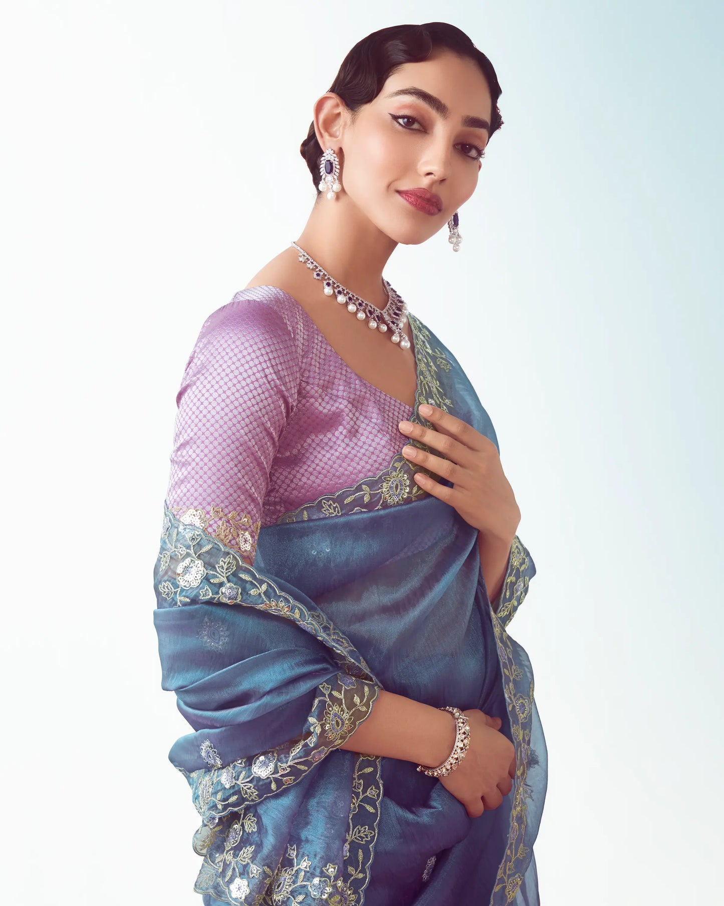 Bluish Grey Party Wear Saree With Embroidery & Hand Work