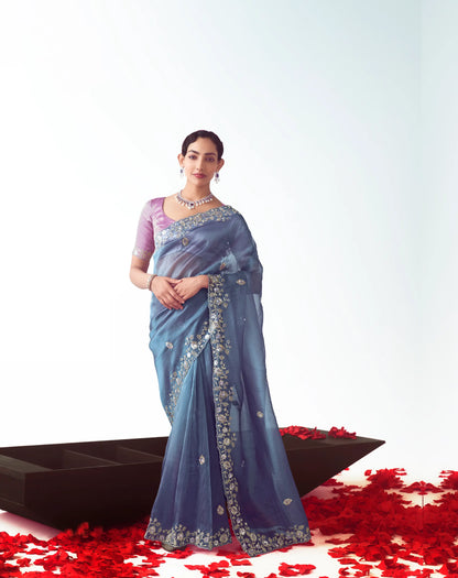 Bluish Grey Party Wear Saree With Embroidery & Hand Work