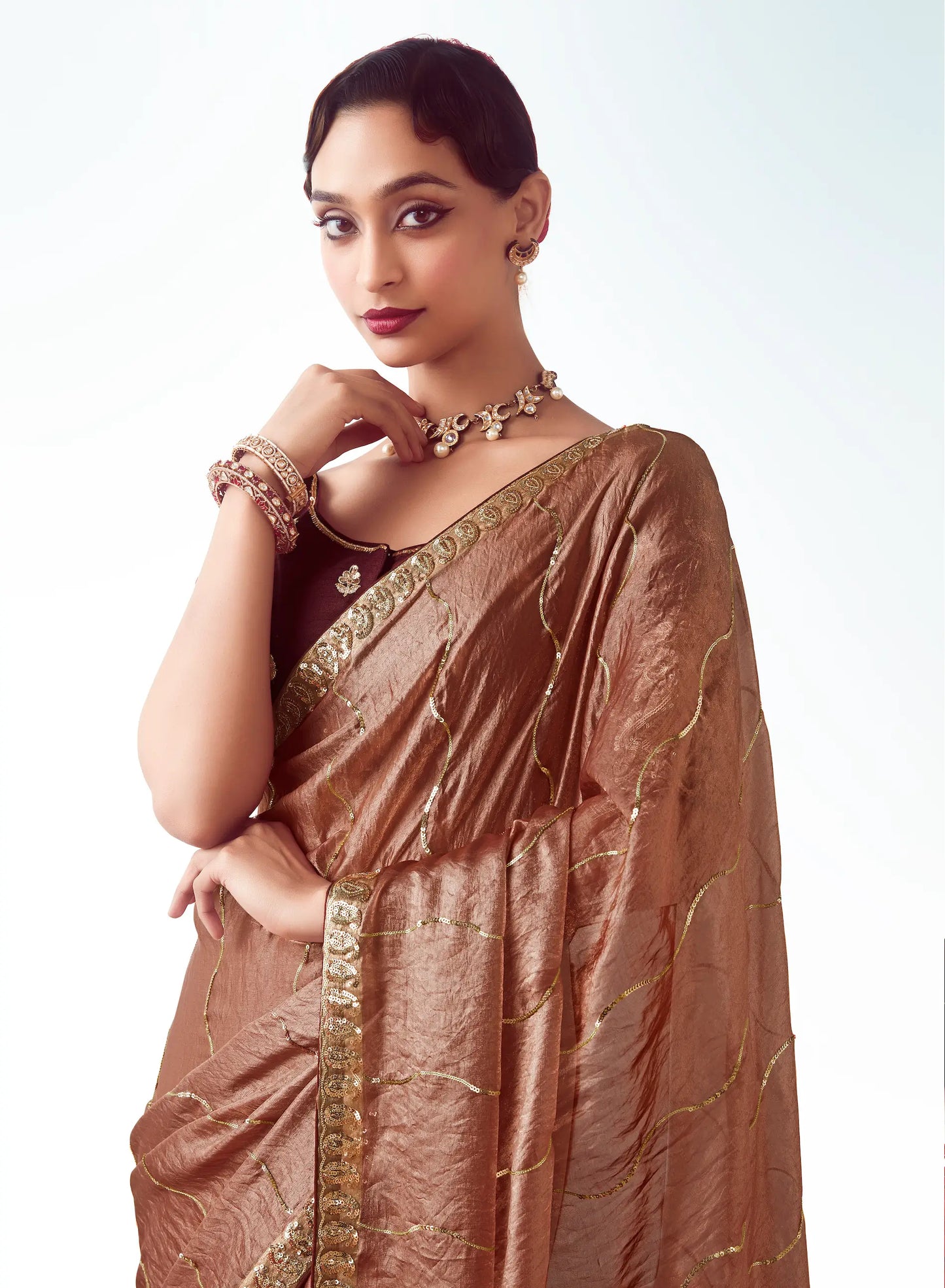 Bear Brown Party Wear Saree With Embroidery & Hand Work