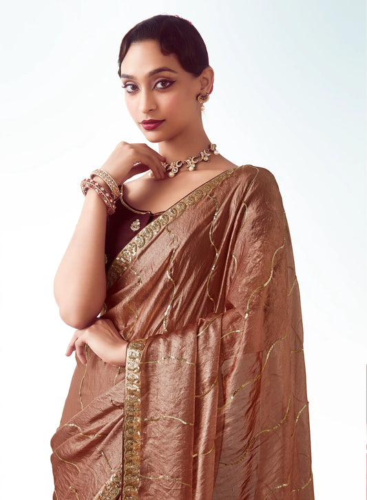 Bear Brown Party Wear Saree With Embroidery & Hand Work