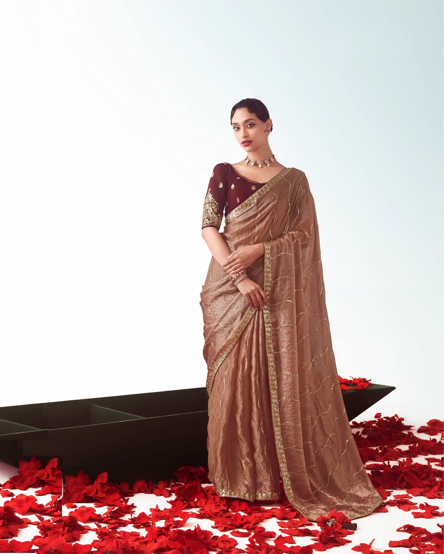 Bear Brown Party Wear Saree With Embroidery & Hand Work