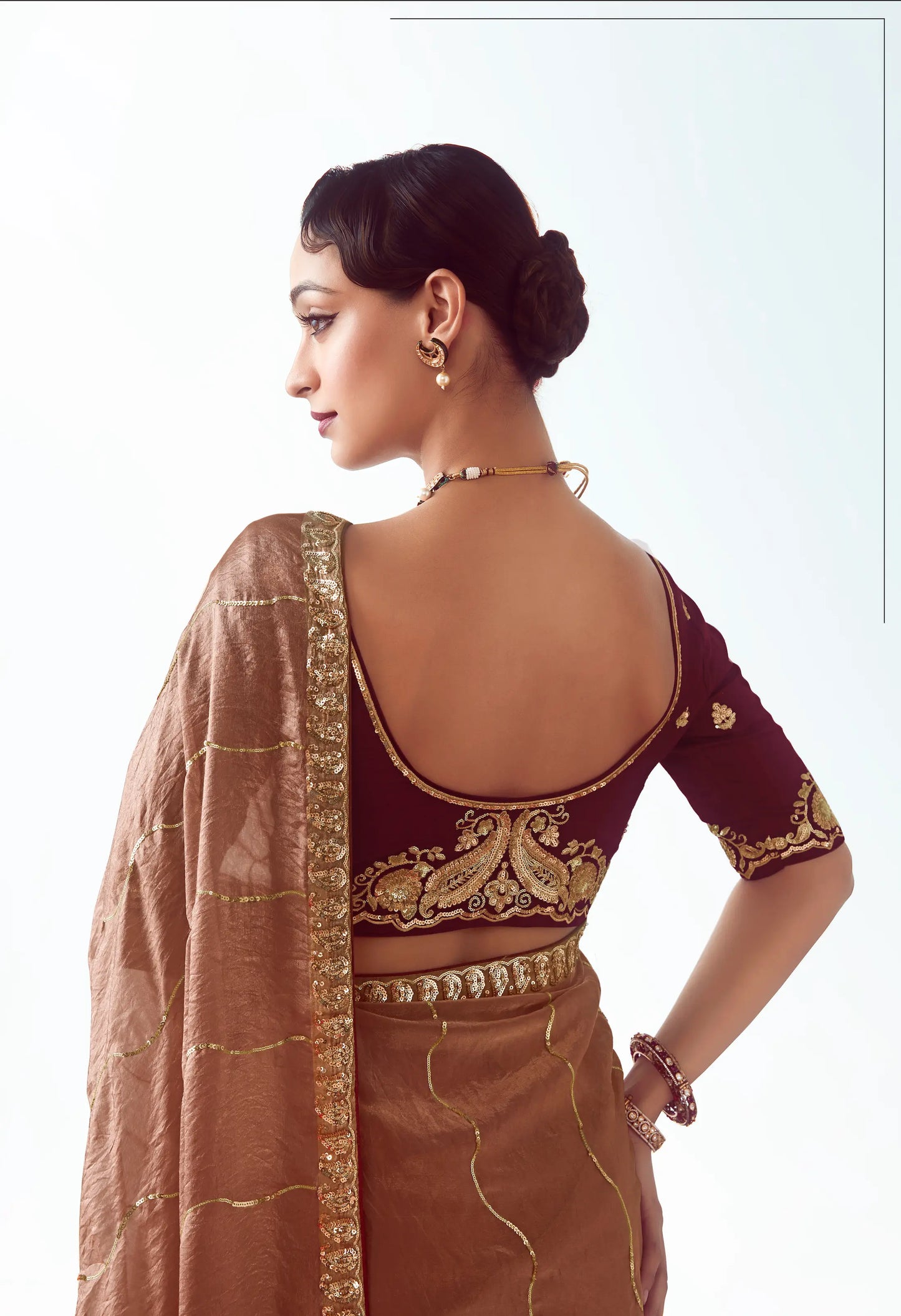 Bear Brown Party Wear Saree With Embroidery & Hand Work