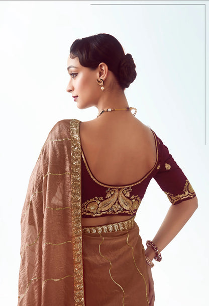 Bear Brown Party Wear Saree With Embroidery & Hand Work