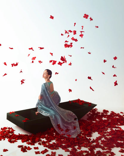 Blue Multicolor Party Wear Saree With Embroidery & Hand Work