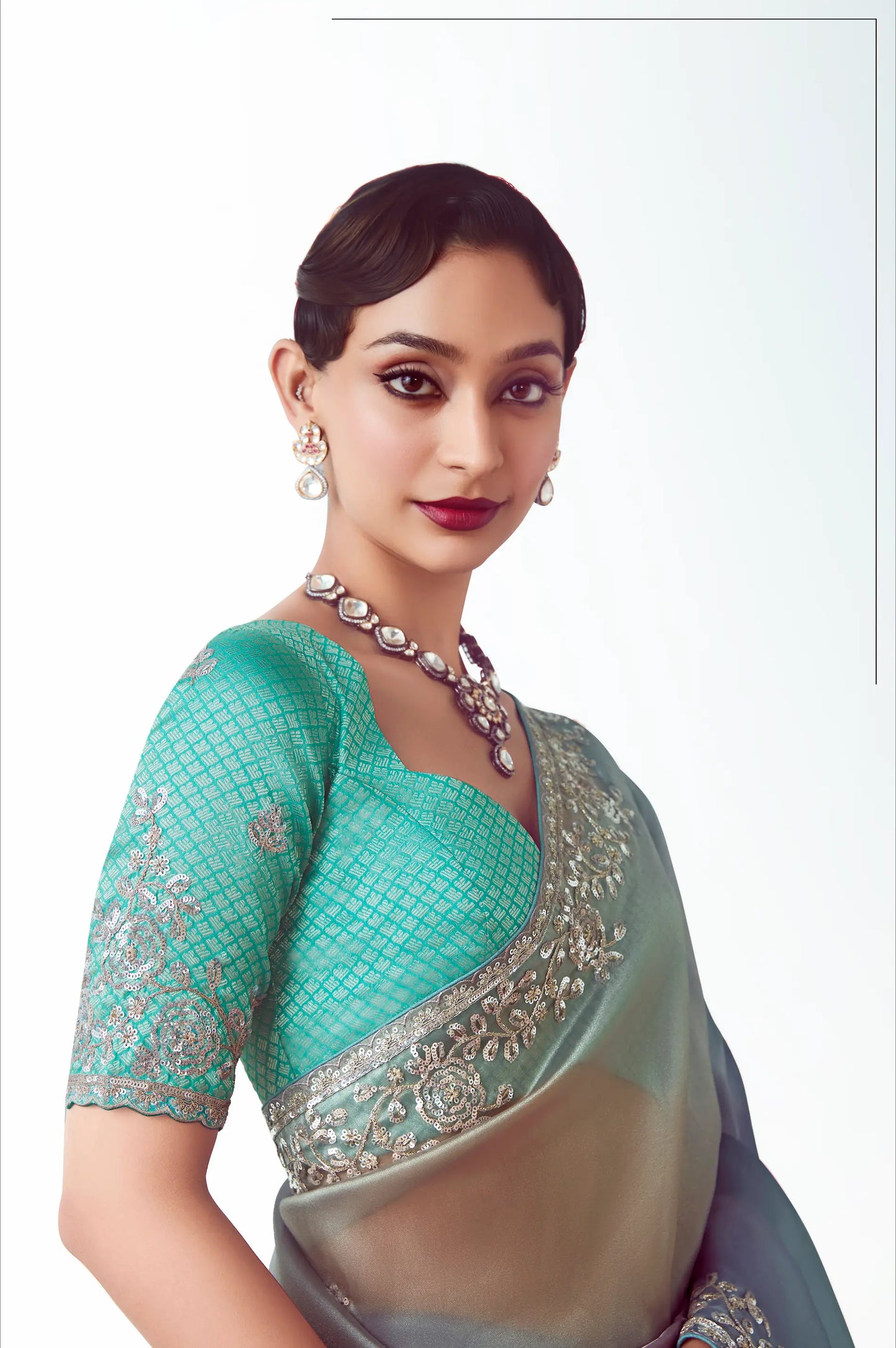 Blue Multicolor Party Wear Saree With Embroidery & Hand Work