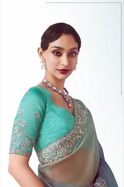 Blue Multicolor Party Wear Saree With Embroidery & Hand Work