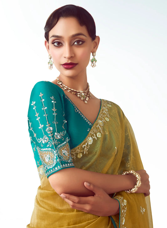 Golden Yellow Party Wear Saree With Embroidery & Hand Work