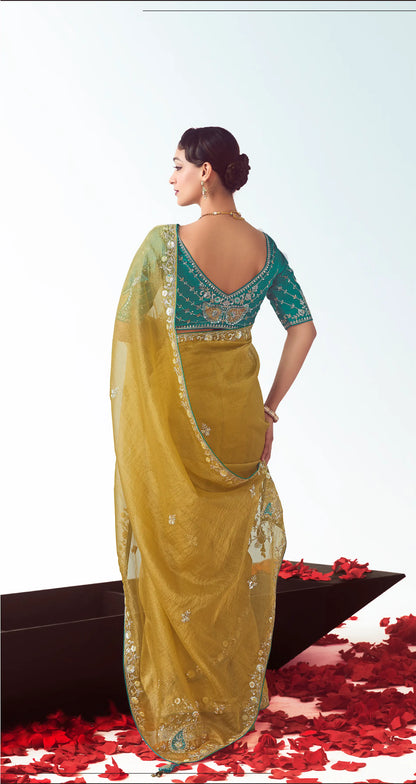 Golden Yellow Party Wear Saree With Embroidery & Hand Work