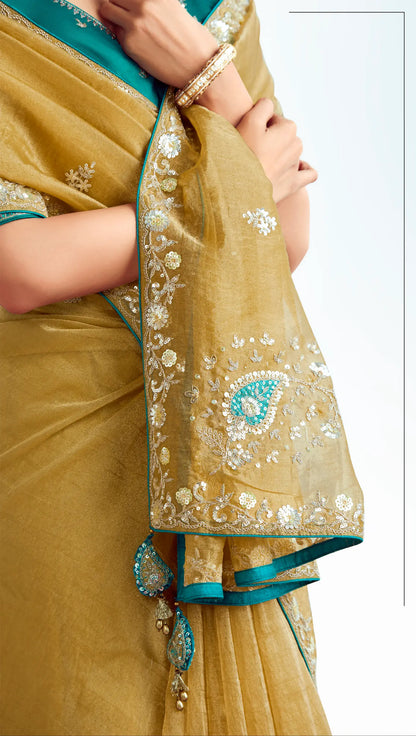 Golden Yellow Party Wear Saree With Embroidery & Hand Work