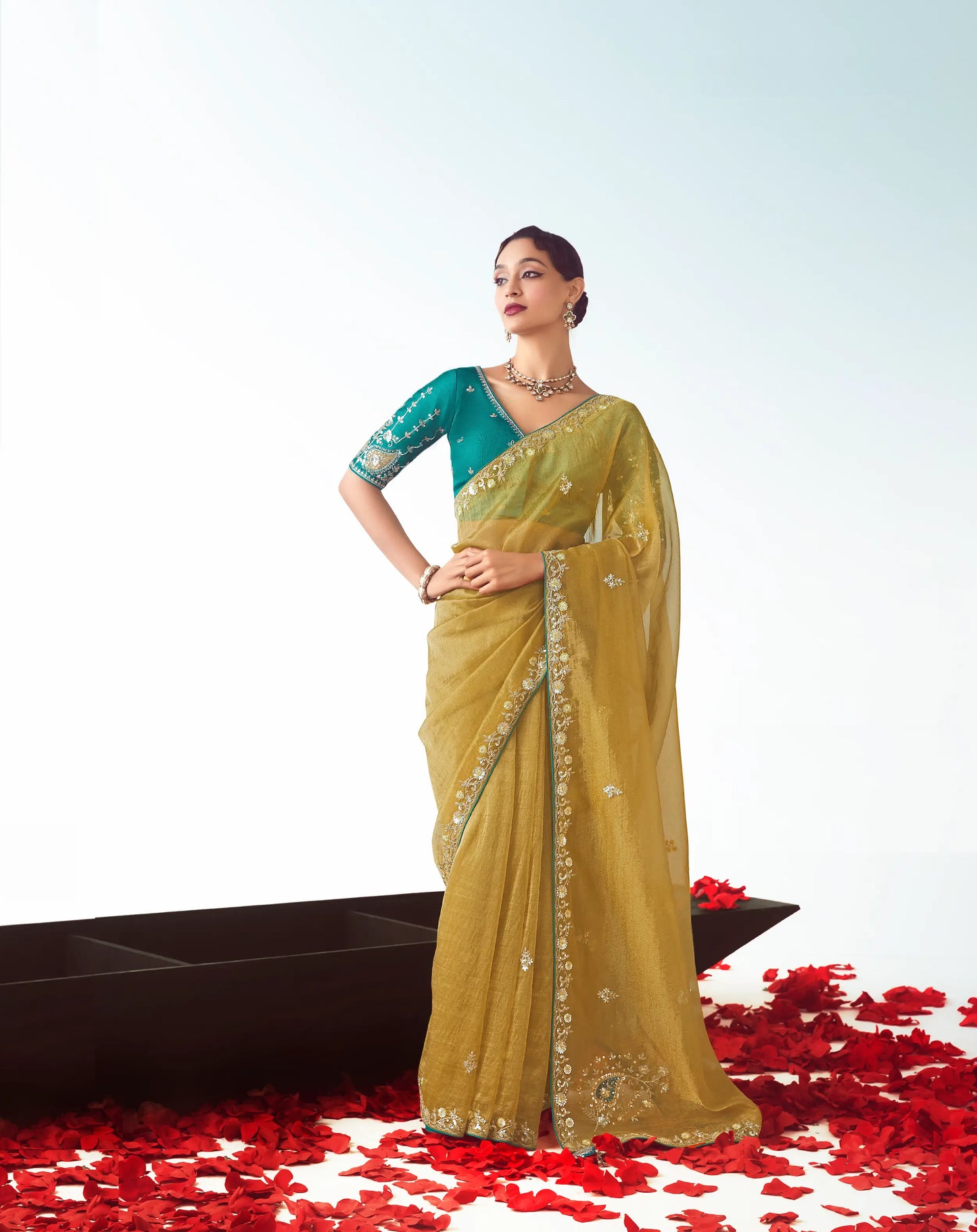 Golden Yellow Party Wear Saree With Embroidery & Hand Work