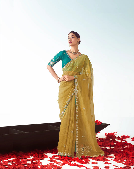 Golden Yellow Party Wear Saree With Embroidery & Hand Work