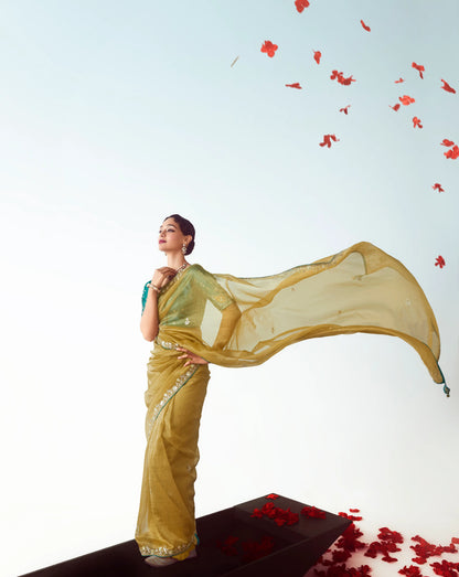 Golden Yellow Party Wear Saree With Embroidery & Hand Work