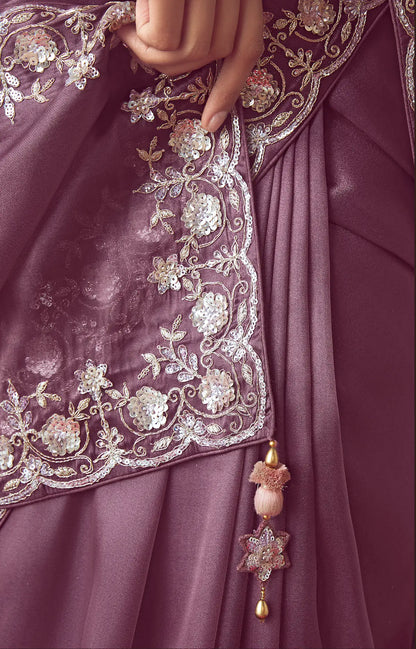 Dark Mauve Party Wear Saree With Embroidery & Hand Work