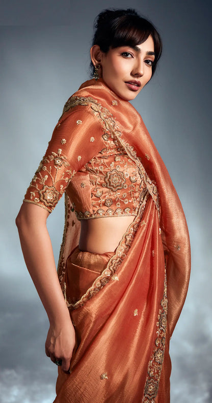 Rust Orange Organza Tissue Khatli Work Saree