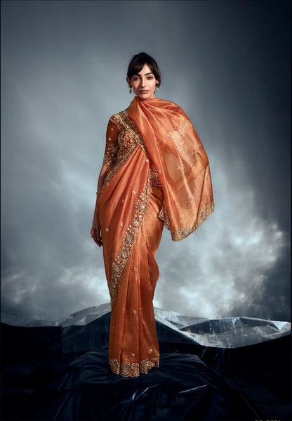 Rust Orange Organza Tissue Khatli Work Saree