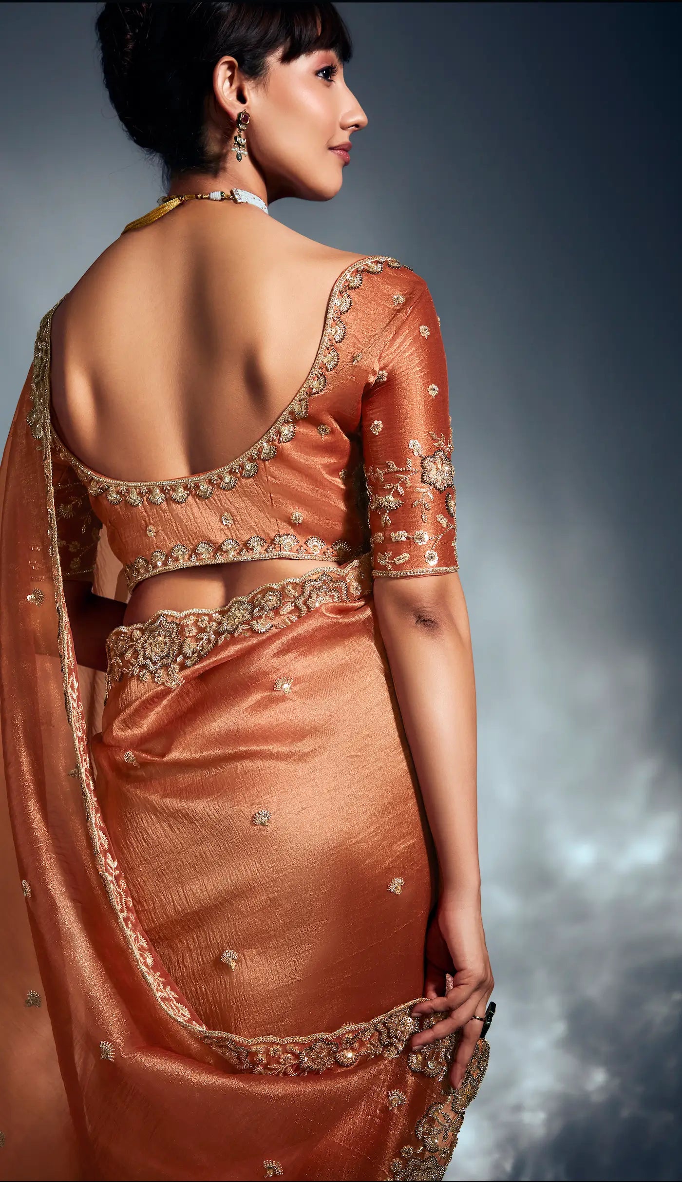 Rust Orange Organza Tissue Khatli Work Saree