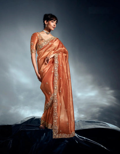 Rust Orange Organza Tissue Khatli Work Saree