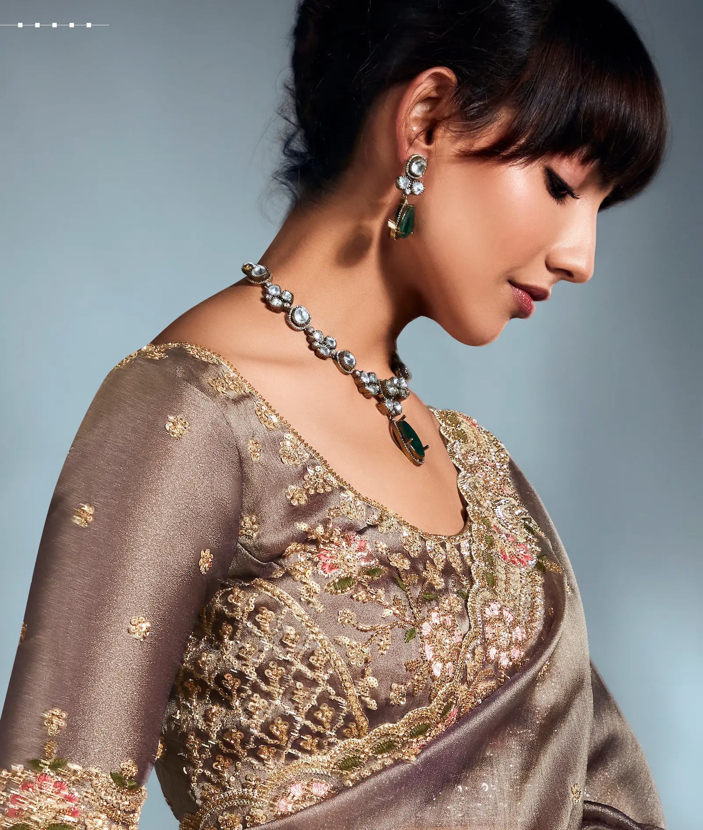 Tobacco Brown Organza Tissue Khatli Work Saree
