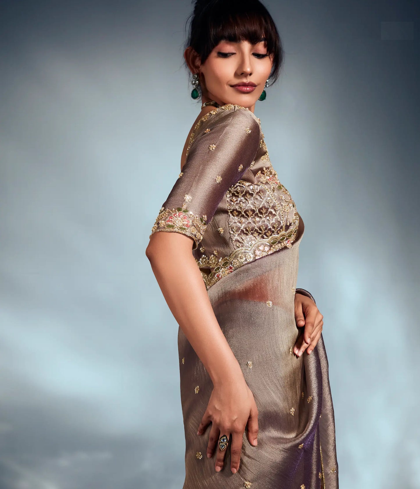 Tobacco Brown Organza Tissue Khatli Work Saree