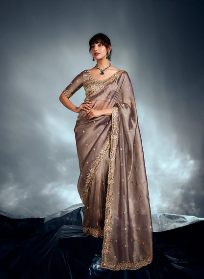 Tobacco Brown Organza Tissue Khatli Work Saree