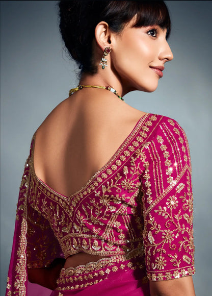 Hot Pink Organza Tissue Khatli Work Saree