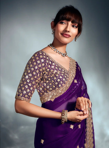 Dark Purple Organza Tissue Khatli Work Saree