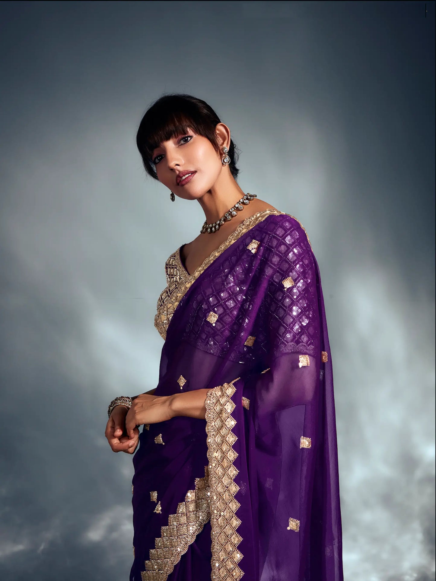 Dark Purple Organza Tissue Khatli Work Saree