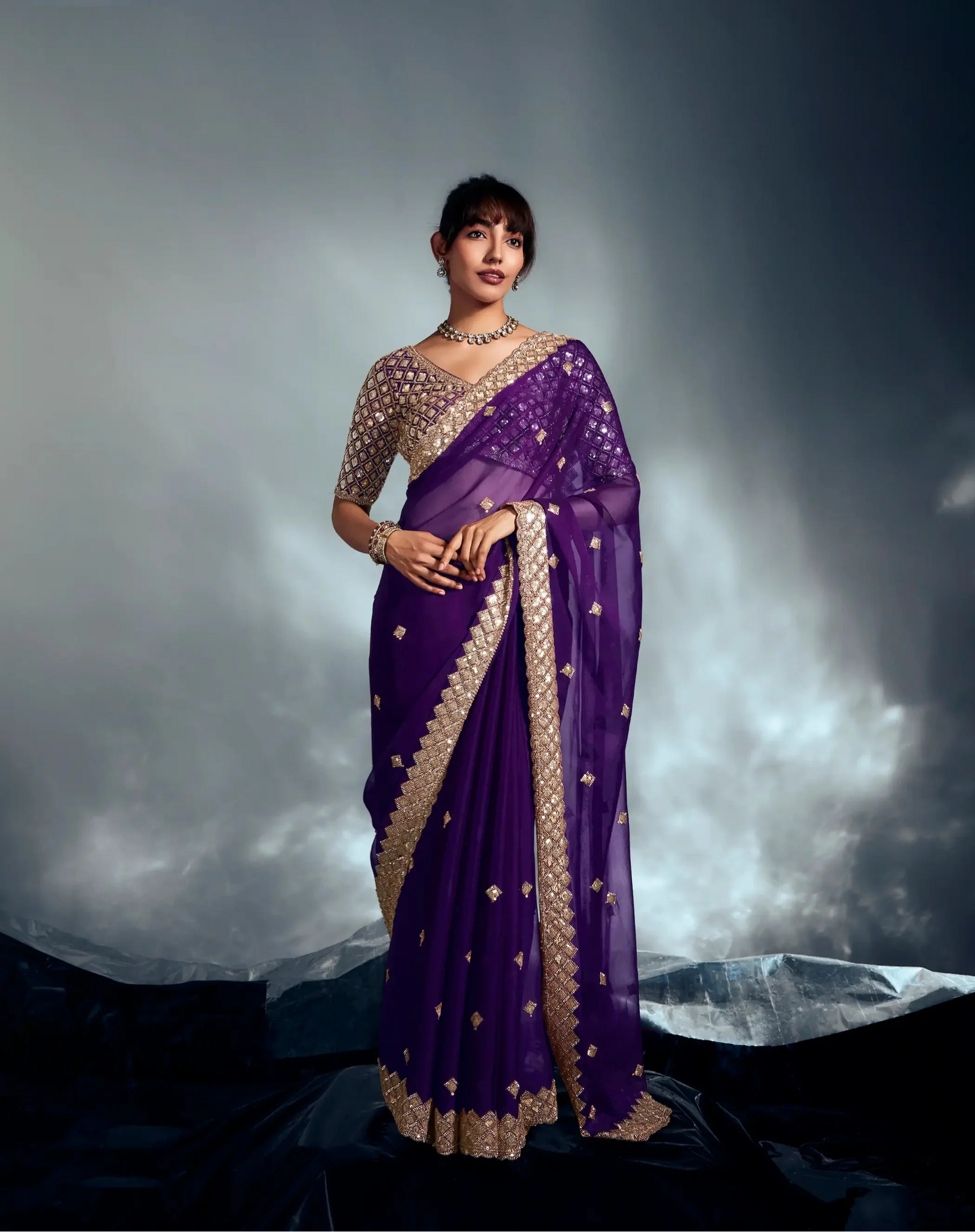 Dark Purple Organza Tissue Khatli Work Saree