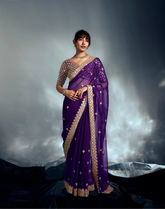 Dark Purple Organza Tissue Khatli Work Saree