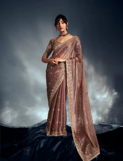 Coffee brown Organza Tissue Khatli Work Saree
