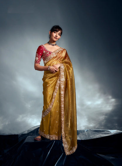 Golden Yellow Organza Tissue Khatli Work Saree