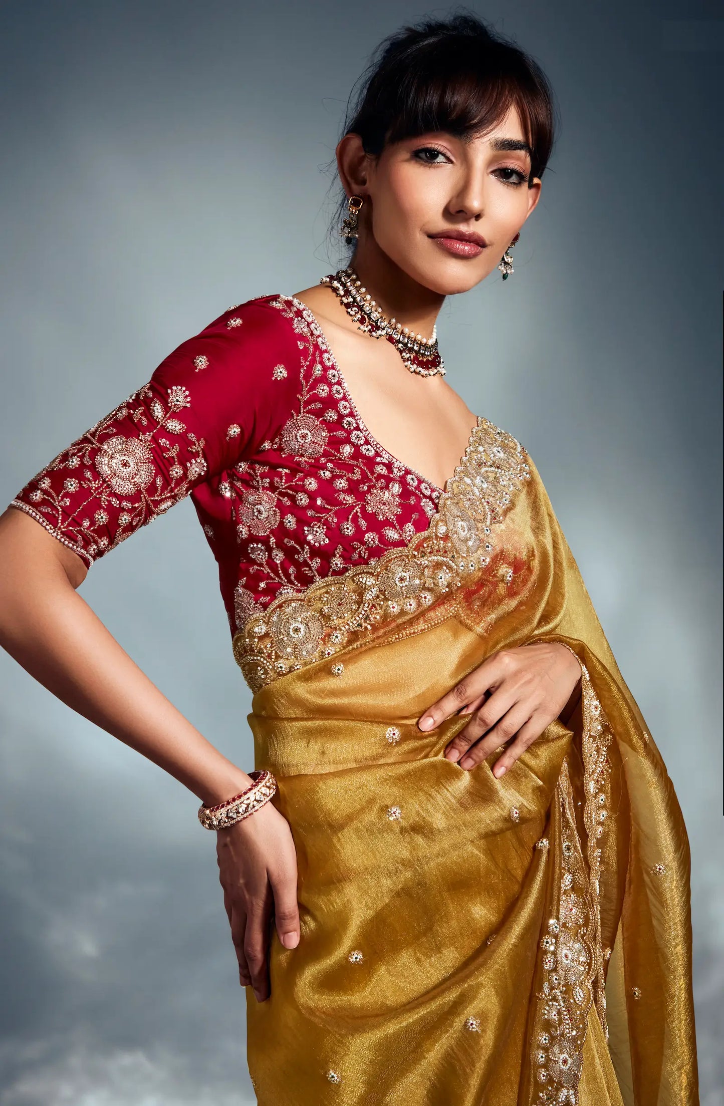 Golden Yellow Organza Tissue Khatli Work Saree