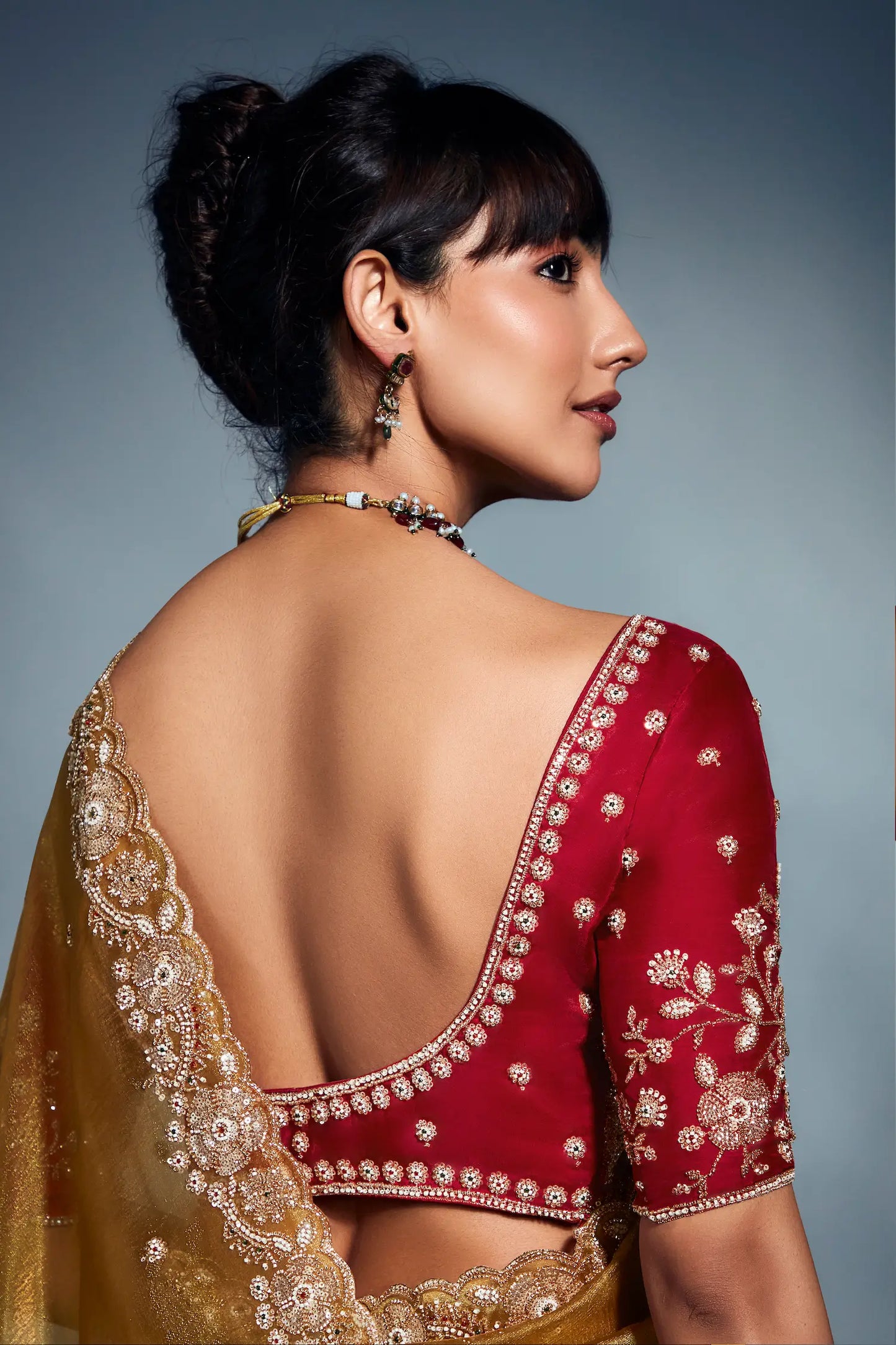 Golden Yellow Organza Tissue Khatli Work Saree