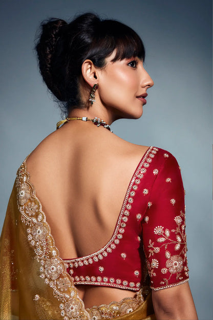 Golden Yellow Organza Tissue Khatli Work Saree