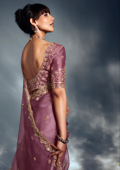 Turkish Rose Organza Tissue Khatli Work Saree