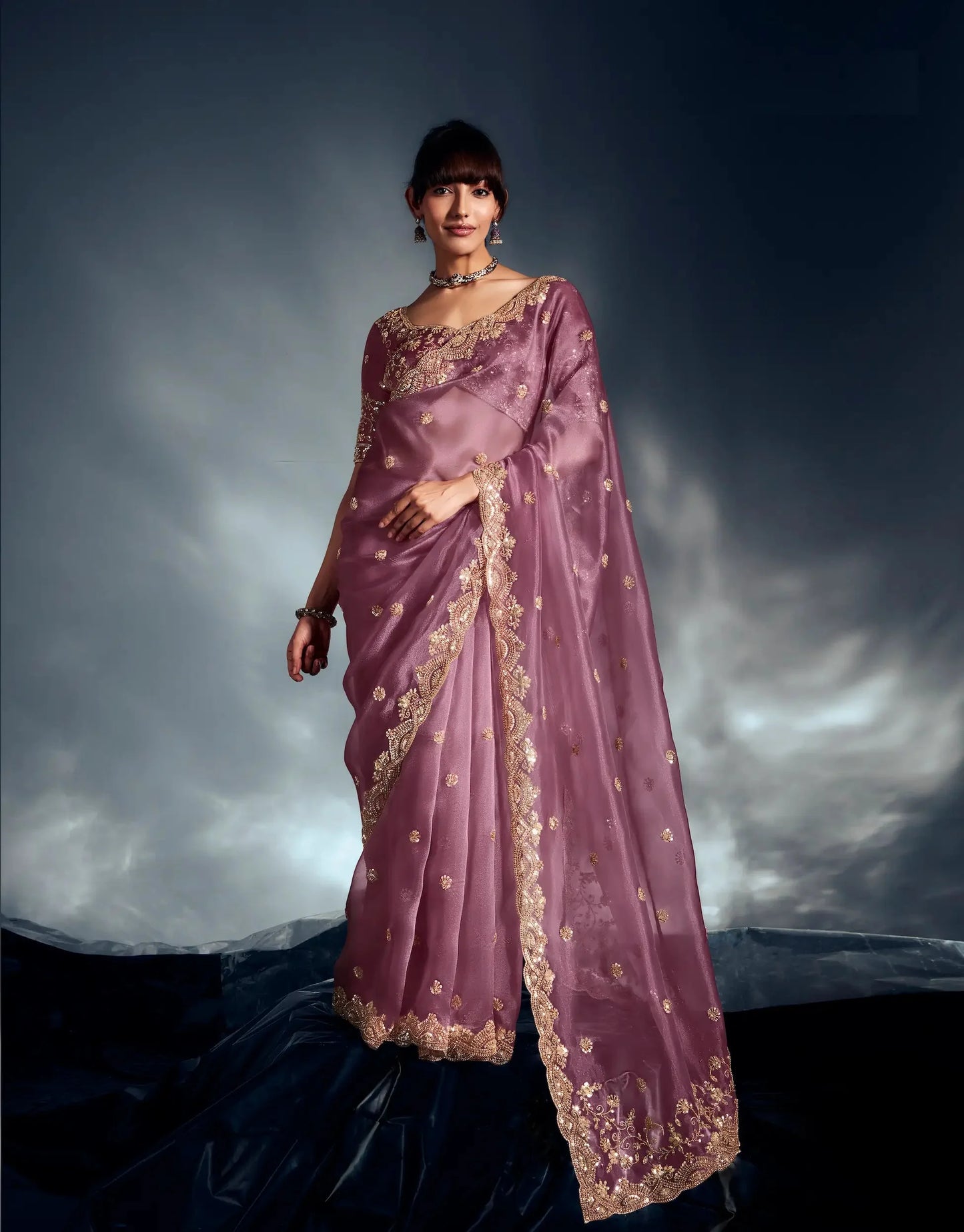 Turkish Rose Organza Tissue Khatli Work Saree