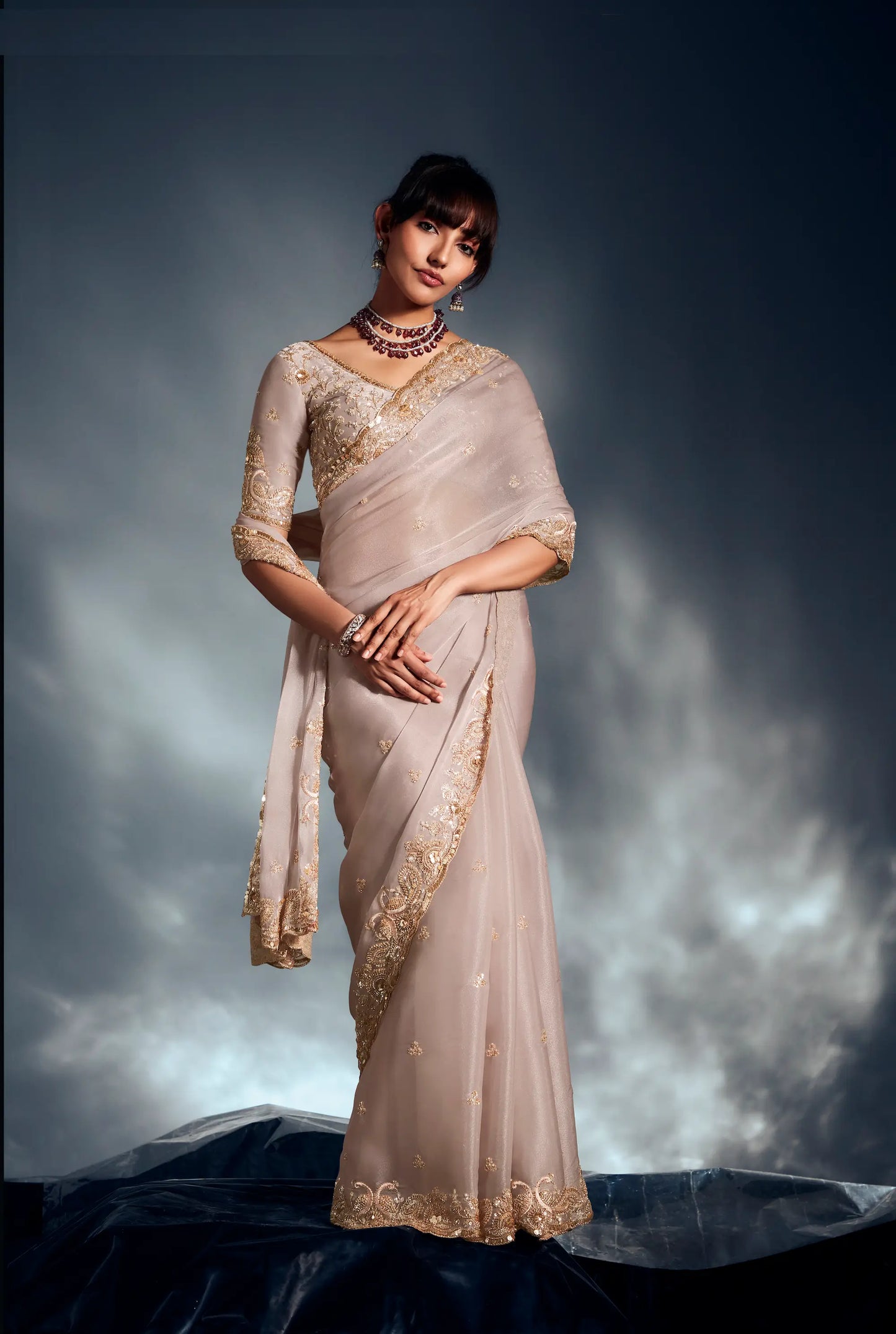 Vanilla White Organza Tissue Khatli Work Saree