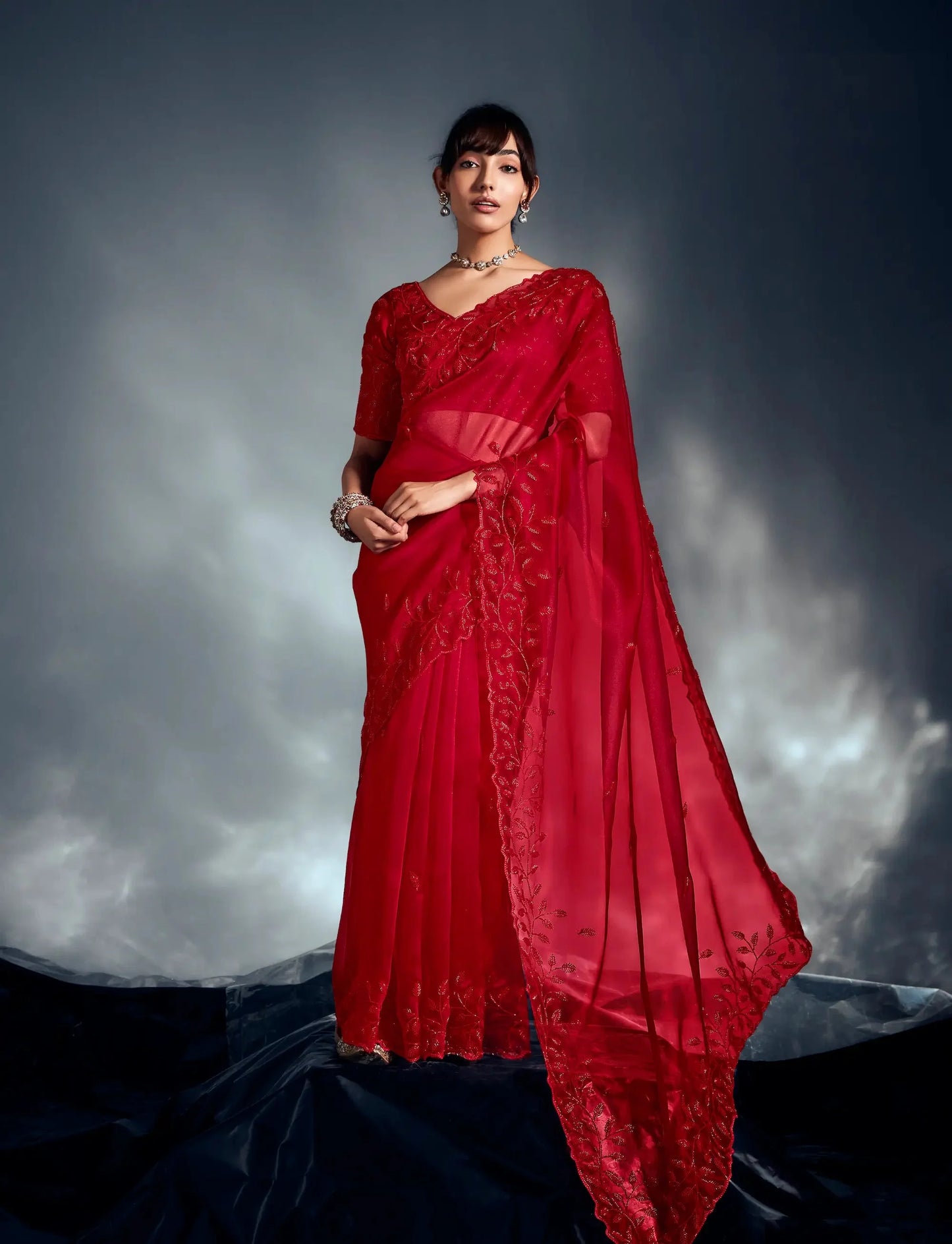 Hot Red Organza Tissue Khatli Work Saree