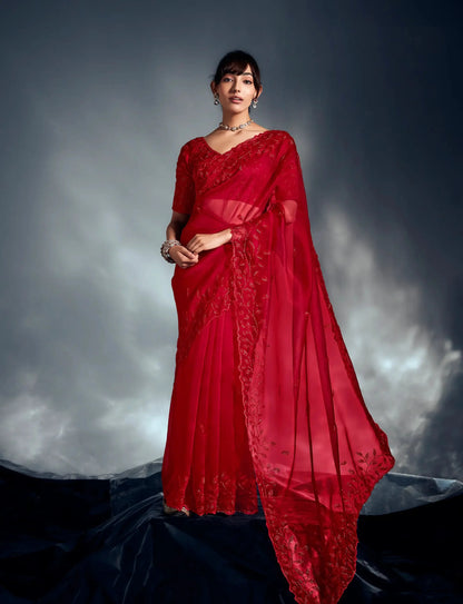 Hot Red Organza Tissue Khatli Work Saree
