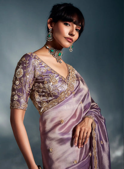 Lavender Organza Tissue Khatli Work Saree