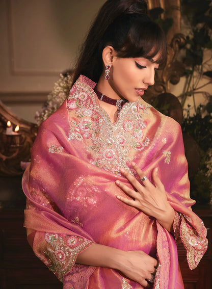 Rosy Pink Tissue Organza Heavy Embroidery Saree