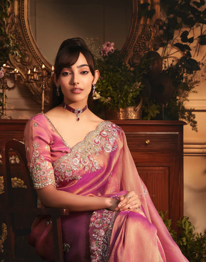 Rosy Pink Tissue Organza Heavy Embroidery Saree