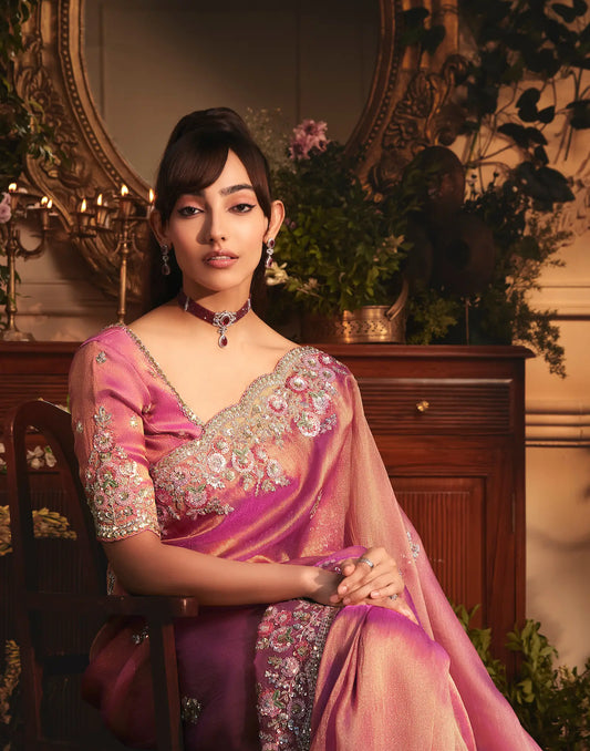 Rosy Pink Tissue Organza Heavy Embroidery Saree