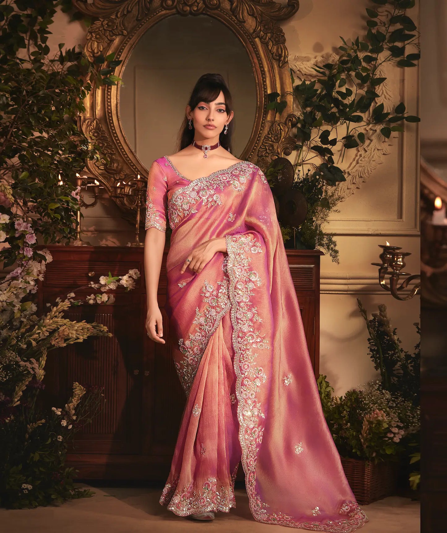 Rosy Pink Tissue Organza Heavy Embroidery Saree