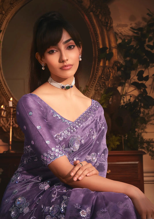 Dark Lilac Tissue Organza Heavy Embroidery Saree