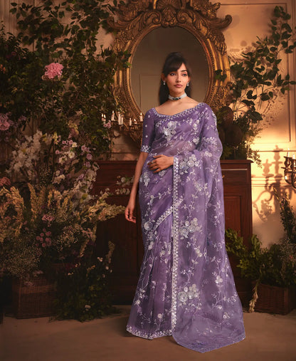 Dark Lilac Tissue Organza Heavy Embroidery Saree