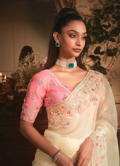 Vanilla White Tissue Organza Heavy Embroidery Saree