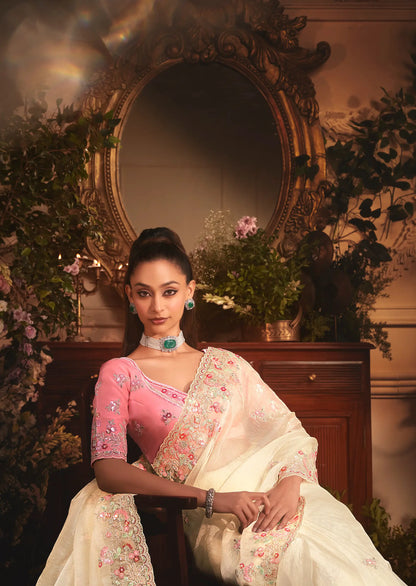 Vanilla White Tissue Organza Heavy Embroidery Saree