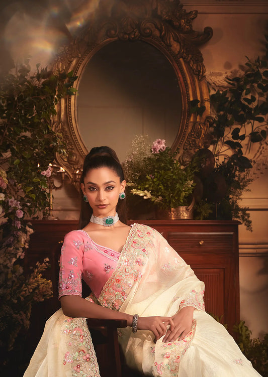 Vanilla White Tissue Organza Heavy Embroidery Saree
