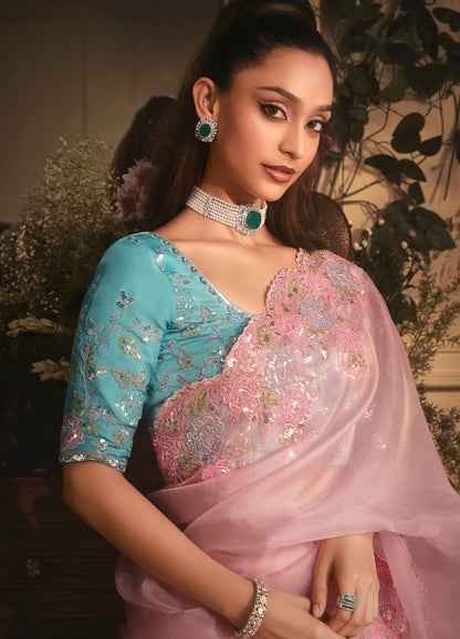 Blush Pink Tissue Organza Heavy Embroidery Saree